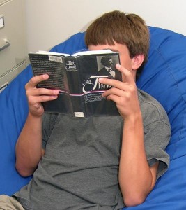 Picture of a boy reading a Mark Twain book